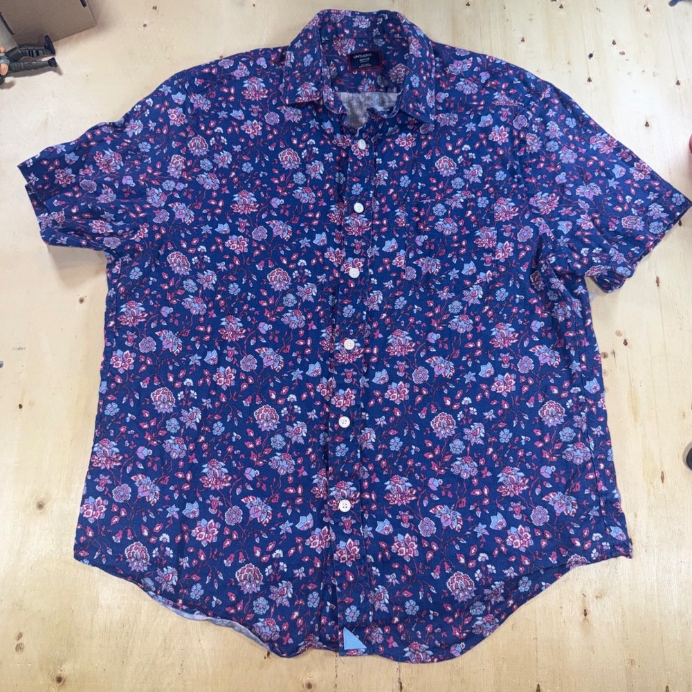 UNTUCKit Mens Medium Blue Floral 100% Linen Short Sleeve Button Down Shirt